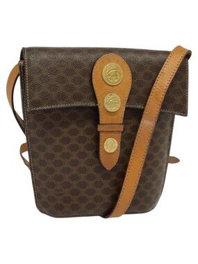 Authentic CELINE Macadam Canvas Shoulder Bag PVC Leather Brown Gold